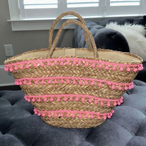 Fallon & Royse CHLOE straw‎ beach bag tote hot pink ball fringe EUC